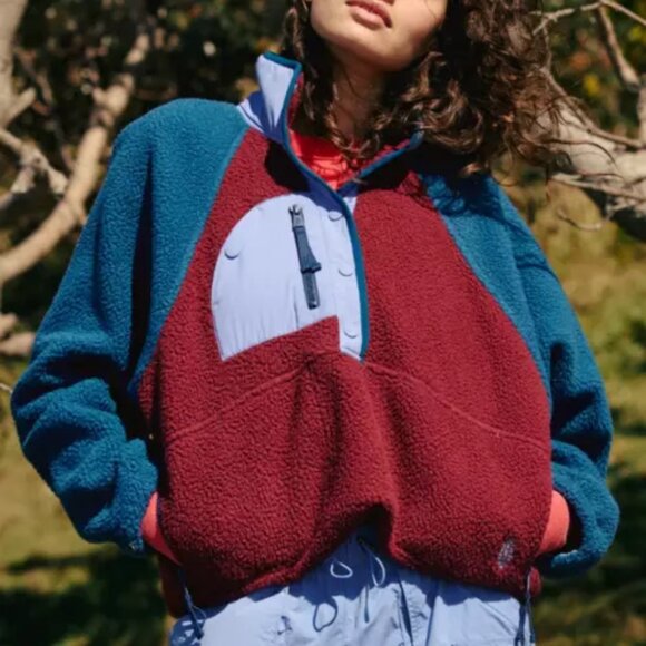 NEW FREE PEOPLE HIT THE SLOPES SHERPA PULLOVER JACKET TOP COLORBLOCK XS S L - Picture 1 of 3